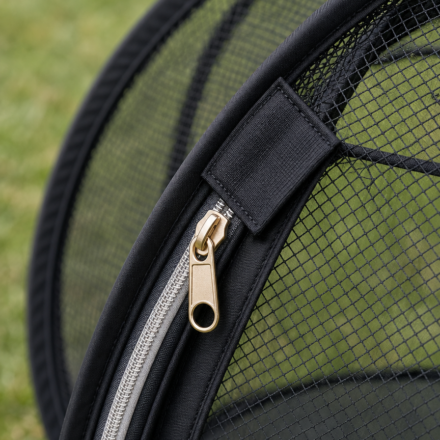 Close-up of the zipper and zipper pull protector