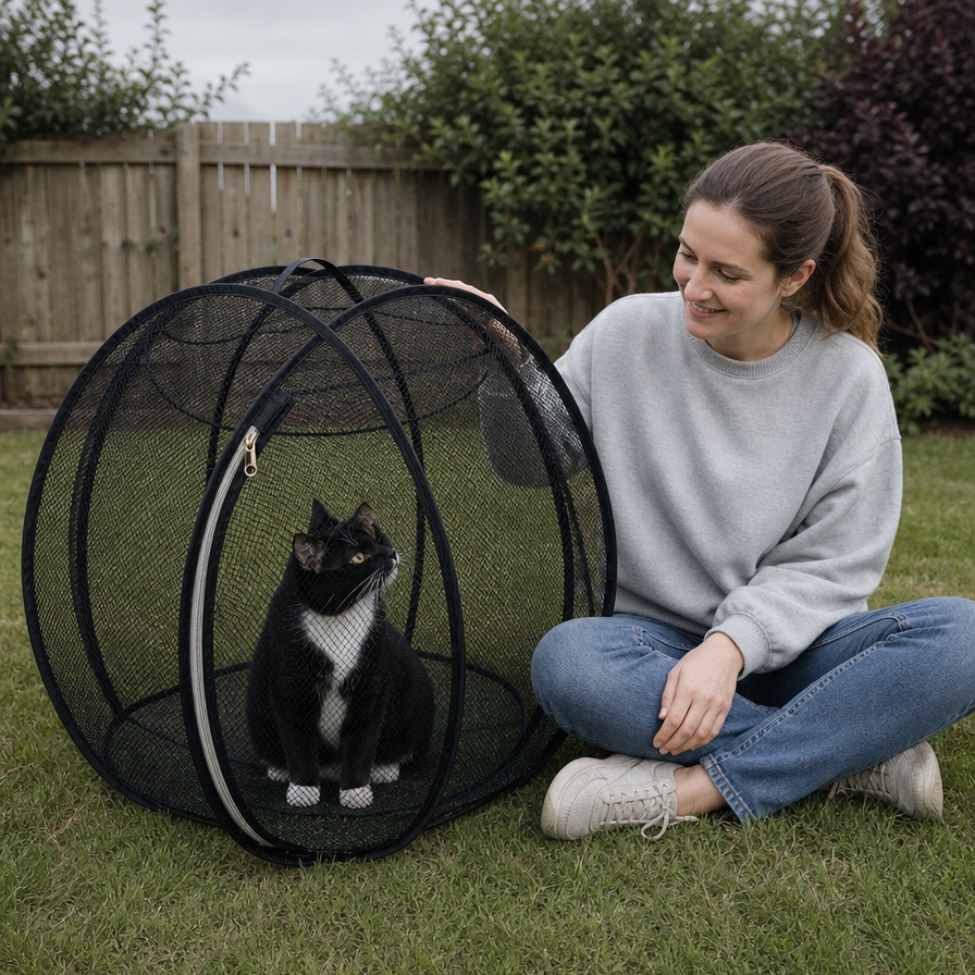 Woman sitting beside the Backyard Whiskers playpen with her tuxedo cat inside