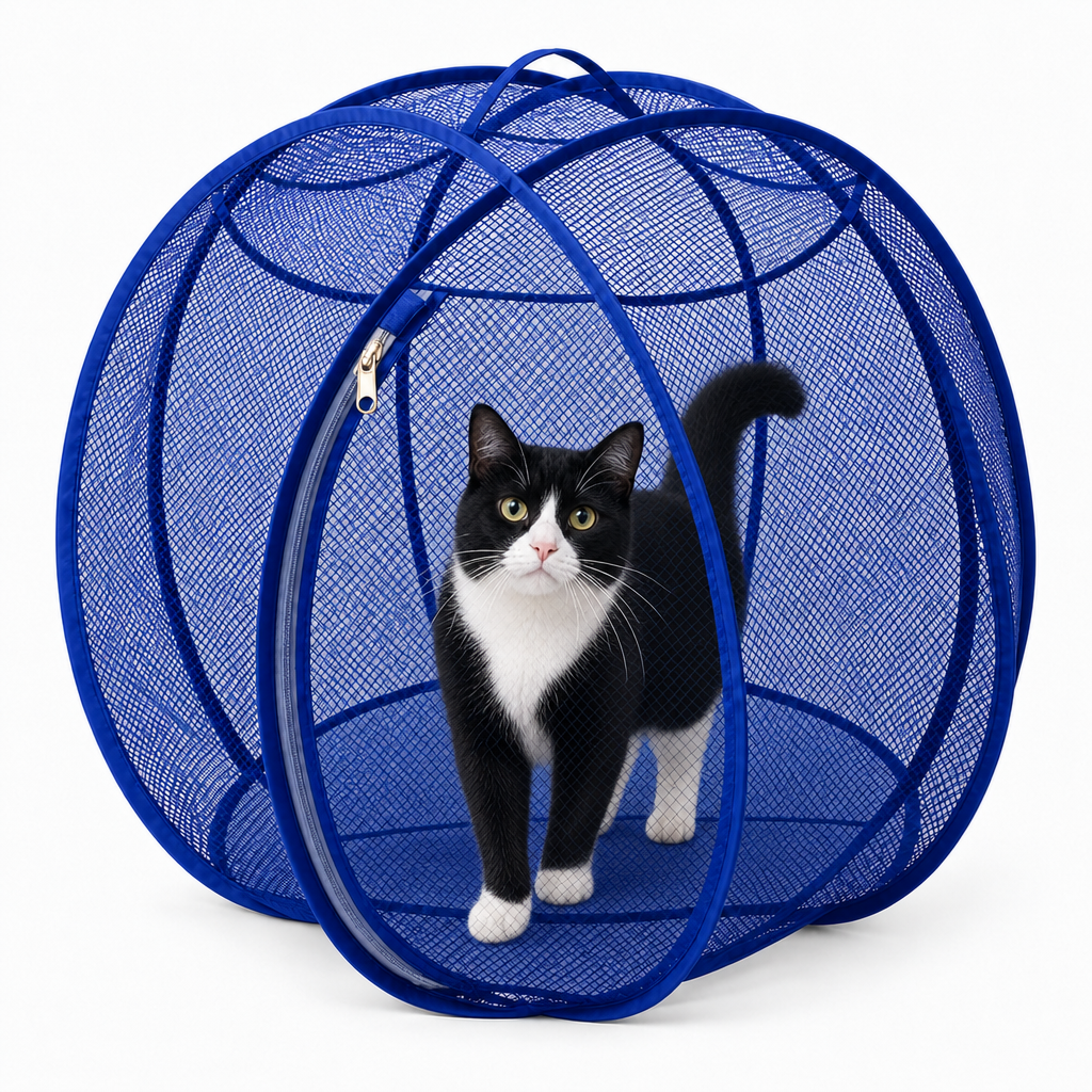 Royal blue pop-up cat playpen with a tuxedo cat inside