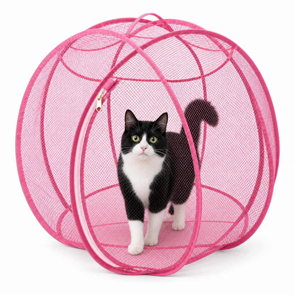 Pink pop-up cat playpen with a tuxedo cat inside