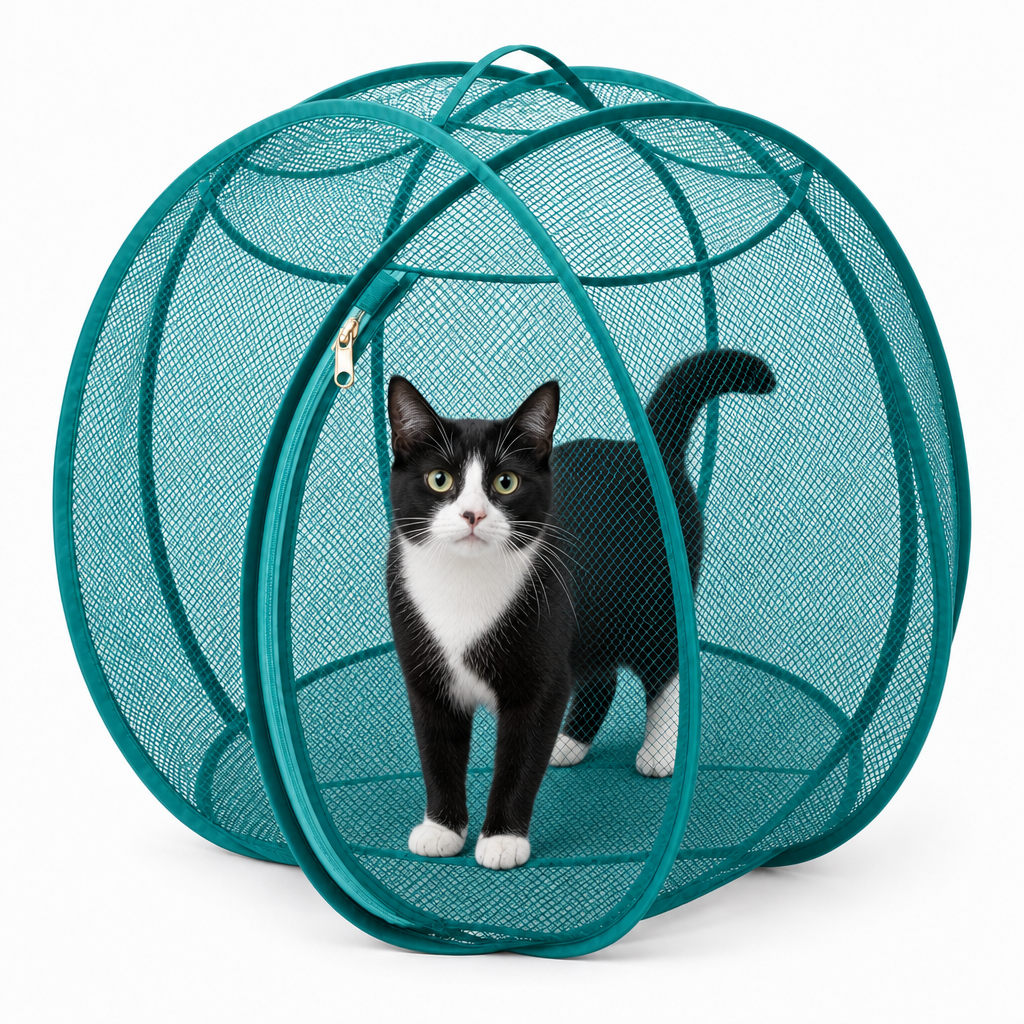 Teal pop-up cat playpen with a tuxedo cat inside