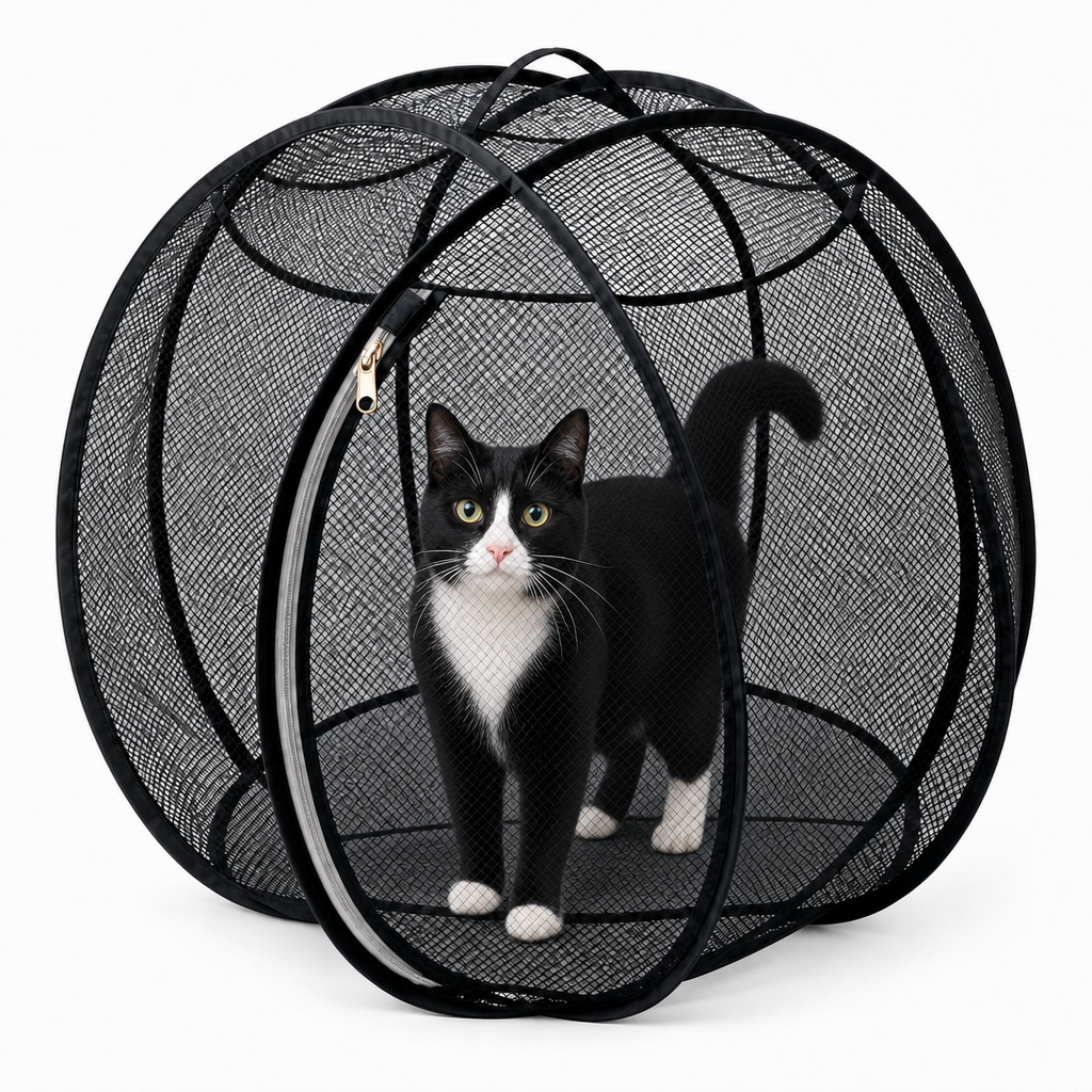 Black pop-up cat playpen with a tuxedo cat inside
